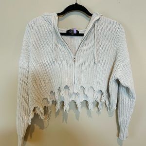 Blue Blush cropped distressed zip up sweatshirt